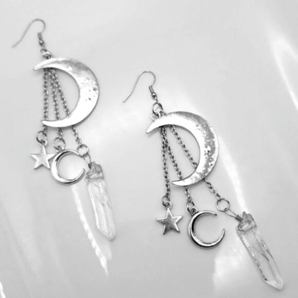 Silver Crescent Moon Clear Crystal Earrings - Picture 4 of 4